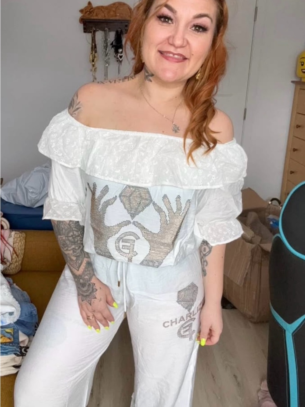 Off-Shoulder White Embellished Tunic Jumpsuit